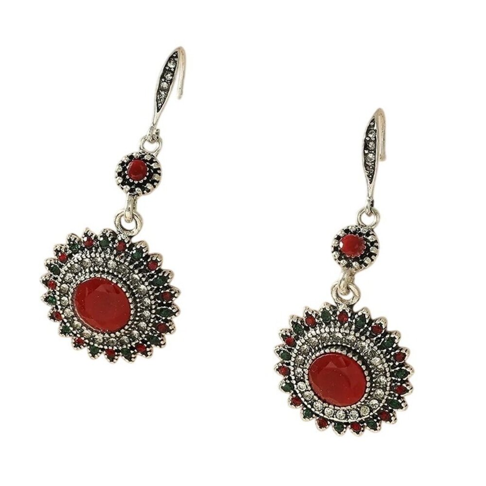 2/$24 Vintage-Style Red Gemstone Dangling Earrings With Silver-Tone Sunflower